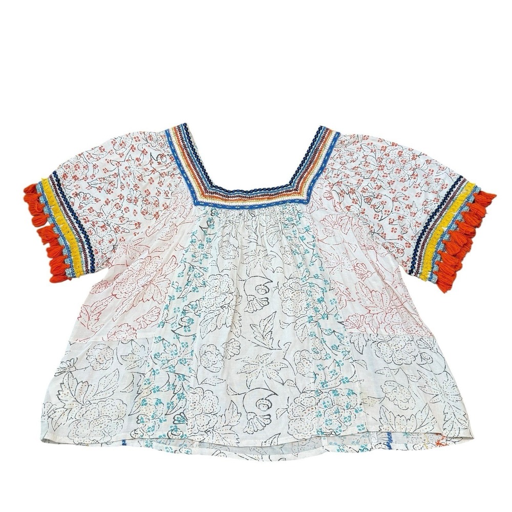 Embroidered‎ Tassel Square Neck Boho Blouse Bohemian Festival Artistic Medium - Picture 3 of 10